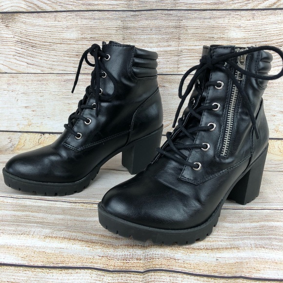 Shoes - Black Combat Style Boot with Chunky Heel